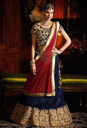 Blå og Maroon Lehenga
