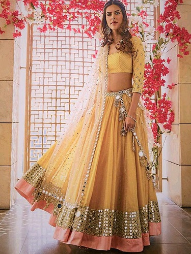 Gul spejlværk Lehenga