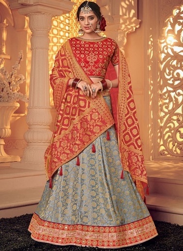 Grå og rød Lehenga