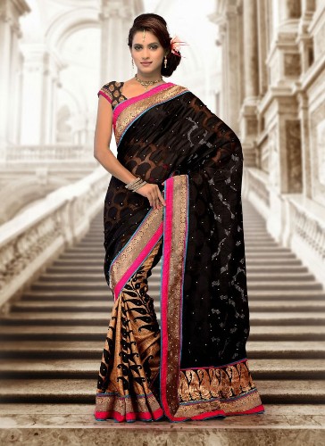 Jaquard Sarees-sort og guld Jacquard Manipuri Silk Saree 3