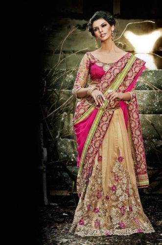 Jaquard Sarees-Cream og Pink Crepe og Net Jacquard Saree 4