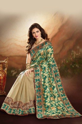 Jaquard Sarees-zöld és krém Banarasi Jacquard Sari 8