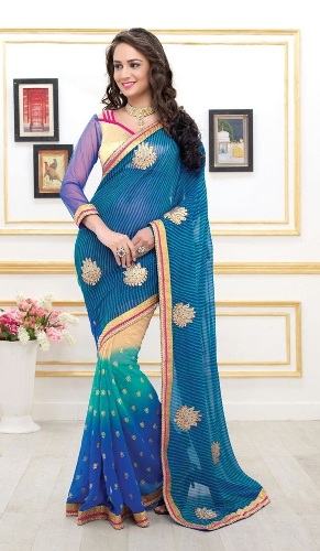 Shades Of Blue And Cream Half/Half Leheriya Saree