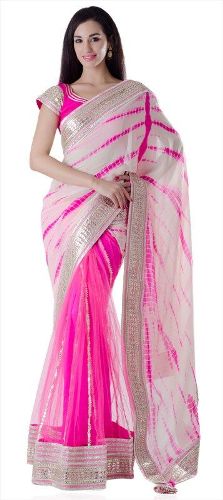 Lyserød og hvid Leheriya Net Saree