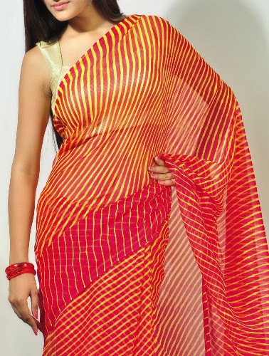 Rød og gul Chiffon Leheriya Saree