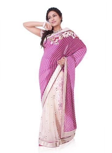 Pink And White Half Half Leheriya Og Net Saree