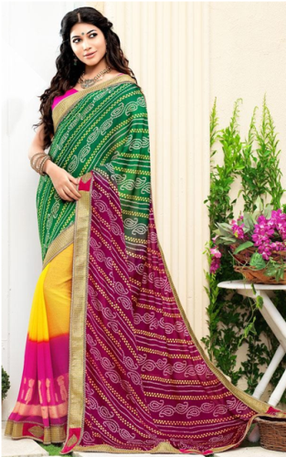 BandhaniI Sarees-Green- Sárga félig és félig nyomtatott Bandhani Saree 6
