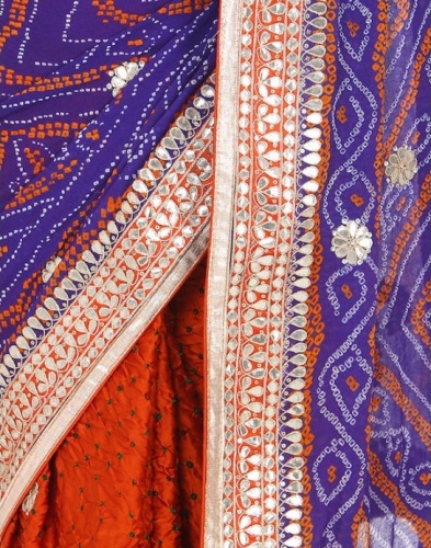 Bandhani Sarees-Orange-Blå Bandhani Saree Med Spejlværker