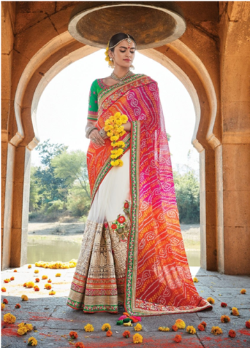 BandhaniI Sarees-krém-rózsaszín Jaipuri Bandhani Saree 8