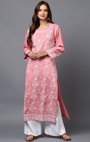 Pink broderet bomuld Kurta