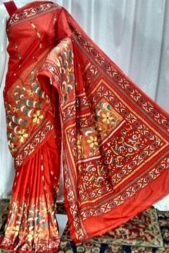 Sort silke i Kantha Stitch Saree