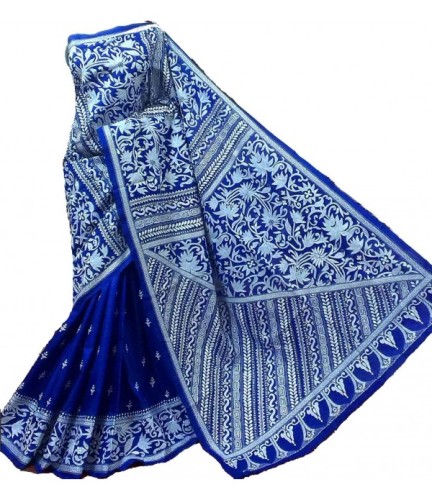 Blue Silk Saree With White Kantha Work