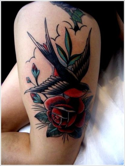 Leg Swallow Rose Tattoo For Girls