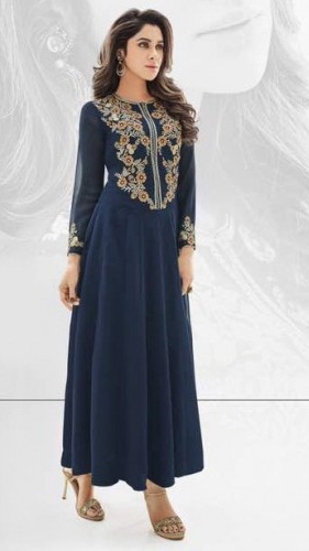 Georgette kék hímzett hosszú Kurtis