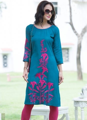 Vesh Teal broderet Flex Linen Kurti