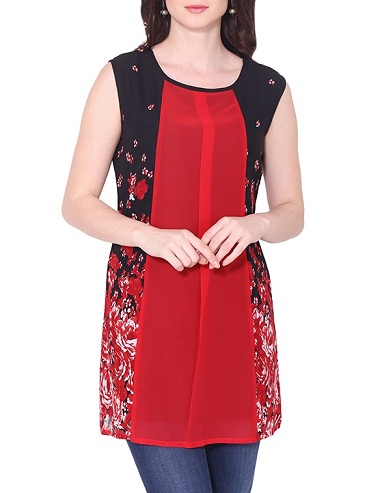 Piros Georgette nyomtatott egyenes Kurti