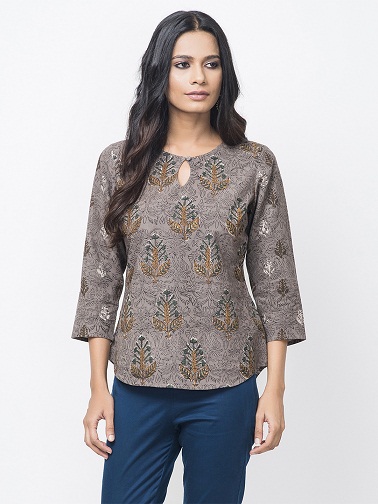 Fab India Gray Hand Block Print A-Line Kurti