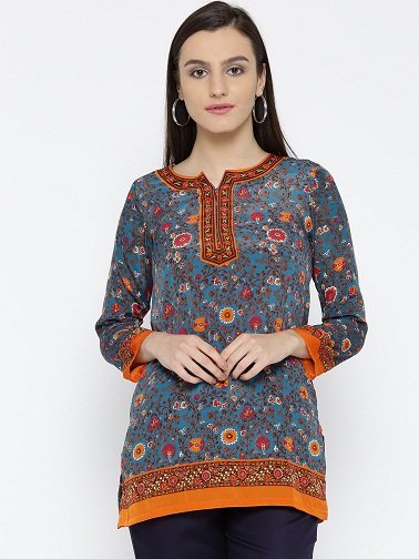 Biba Teal Blue & amp; Orange blomsterprint Kurti