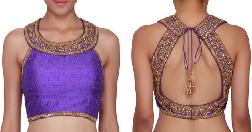 Violet bådhalsbluse med stenarbejde blonder