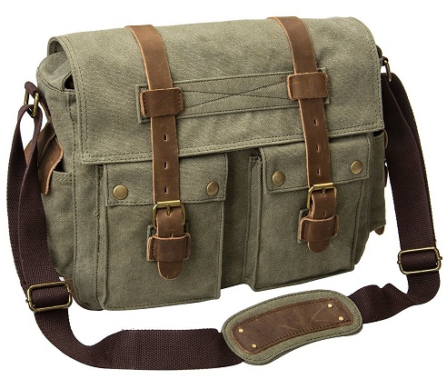 Peace Chaos Men Leather Canvas Shoulder Book Bag