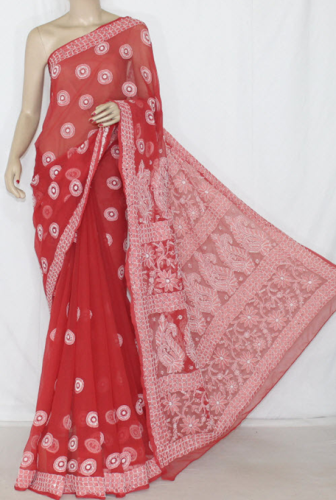 Rødlig rust Håndbroderet Lucknow Chikankari Saree