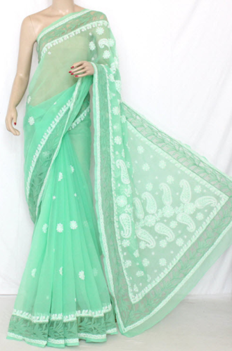 Pista Green Designer håndbroderet Chikankari Saree