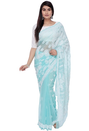 Sea Green Georgette Chikankari Saree
