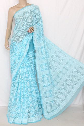 Lyse Himmelblå Faux Georgette Chikankari Saree