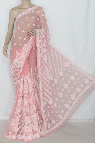 Lys ferskenfarvet Netted Designer Chikankari Saree