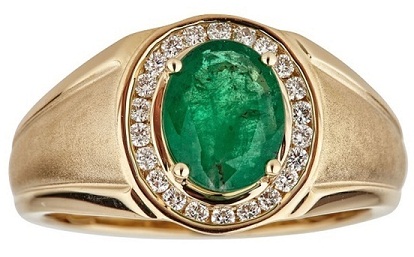 Arany 1/3ct TDW gyémánt és ovális vágású zambiai smaragd gyűrű férfiaknak