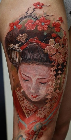 Red In Lust Geisha Tattoo Design
