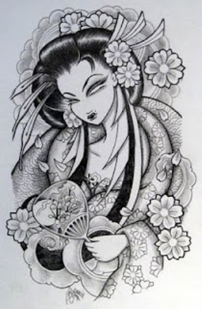 Fekete -fehér Geisha Tattoo Design