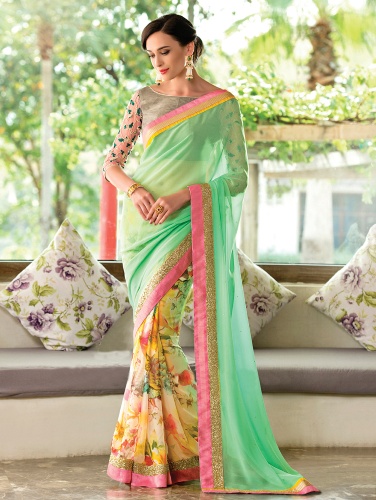 Mint og fløde blomsterprintet Saree