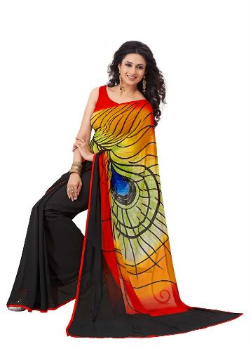 Peacock Feather Digital Design Trykt Saree