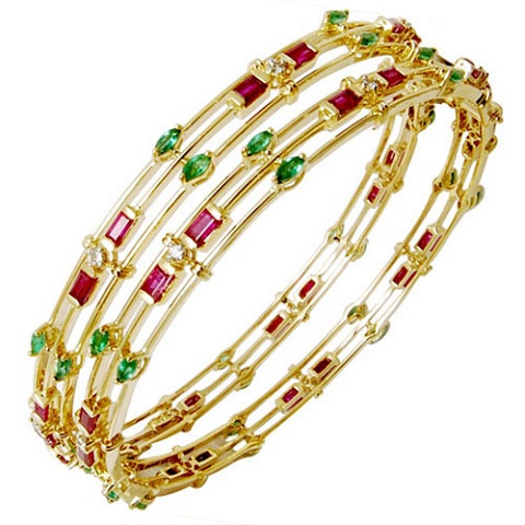 Diamond-Ruby-Emerald Studded Gold Bangle Design