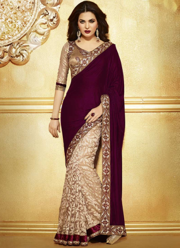 Dark Maroon-Cream Half Velvet og Half Brasso Designer Saree