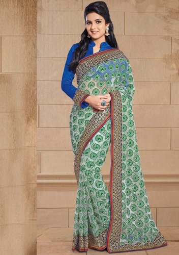 Grøn blomsterprint Brasso Saree