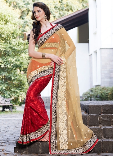 Designer rød-beige net og brasso broderi brude saree
