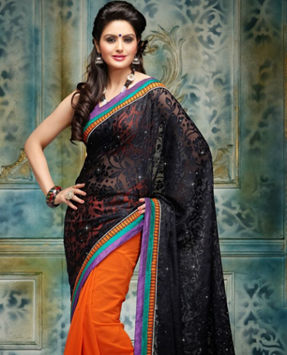 Sort og orange kontrast Brasso Saree
