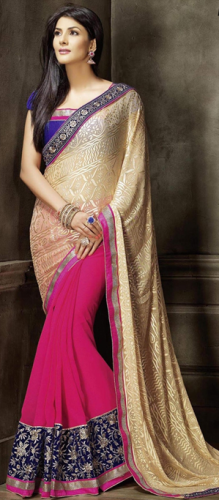 Pink og Beige Brasso Saree
