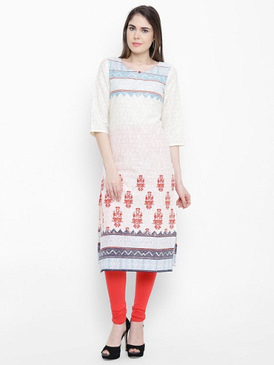 AURELIA Kvinder Off-White Trykt Straight Kurti