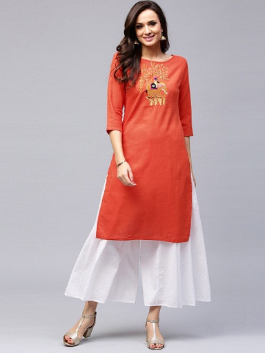 AKS Kvinder Orange Broderet Lige Kurti