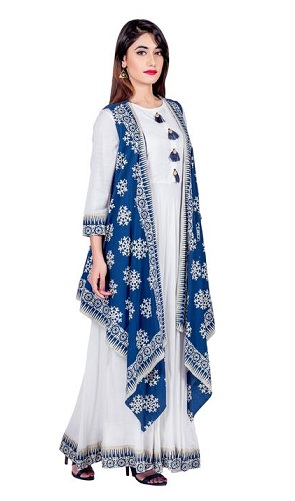 Hvid Indo Western Kurta med vedhæftet blå skuldertræk