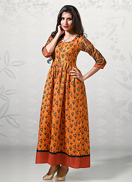 Orange bomuld etnisk slid Anarkali Kurti