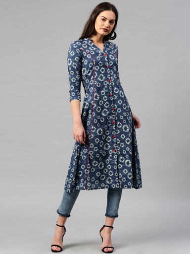 Kvinder A-line trykt Navy Kurta