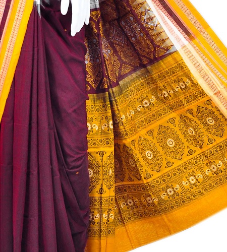 Maroon og gul ren bomuld Bomkai Saree