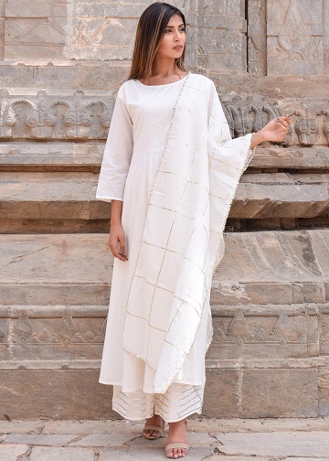 Hvid bomuld Salwar Kameez