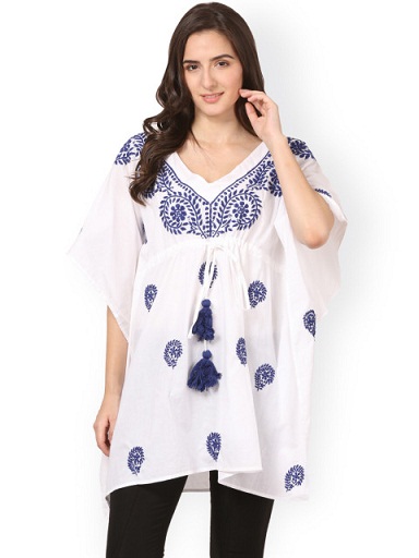 Fehér és kék Kaftan Chikan Kurta