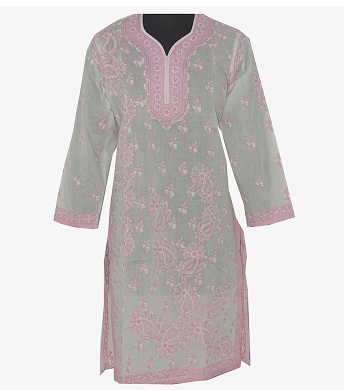 Grå og Pink Chikan Kurti