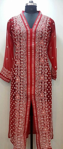 Rød Lucknow Chikan Kurti